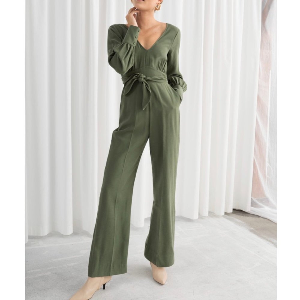 Flared Belted Jumpsuit Olive Size 4